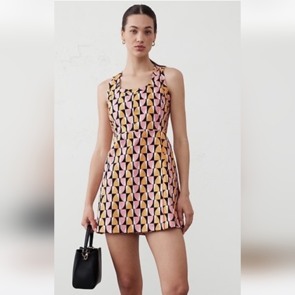 NWT Banana Republic Linen-Blend Seamed Scoop Neck Mini Dress Size 12 Yellow Geo